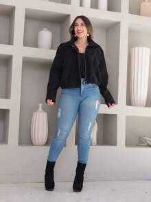 Vitoria Casaco feminina la batida jaqueta com ziper manga longo outono inverno - Preto - Visão 4