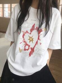 Y2K Aesthetic Women's Summer New Casual Loose Short Sleeve, Retro Graffiti Heart Print Short Sleeve Top White - White - View 2