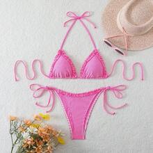 Swimsuit Women's Striped Lace European And American Fresh Hanging Neck Tie Swimsuit High-End Bikini - 粉紅色 - 查看 4