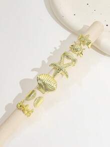 7PCS Summer Vacation Vibe Ring Set, Starfish Shell Turtle Multi- Metal Stackable Rings For Women - Gold - View 4