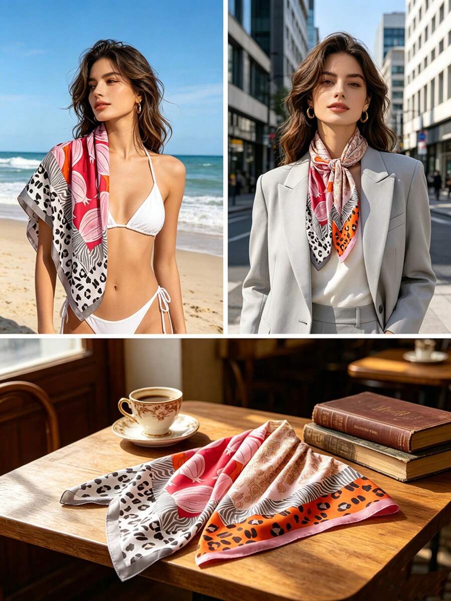 Khăn vuông thanh lịch với họa tiết hoa, phù hợp cho nữ - làm từ polyester, phụ kiện cổ đa năng - Nhiều màu - Xem 1