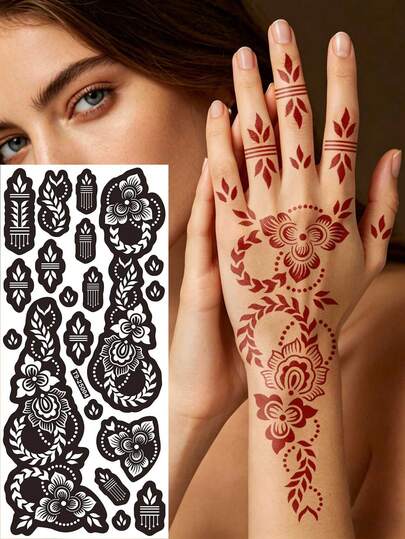 1pc Vintage Aristocratic Style Symmetrical Floral Hand Hollow Tattoo Template, Waterproof Durable Tattoo Template, Hand Back Finger DIY Body Painting Template, Unisex Personalized Decoration