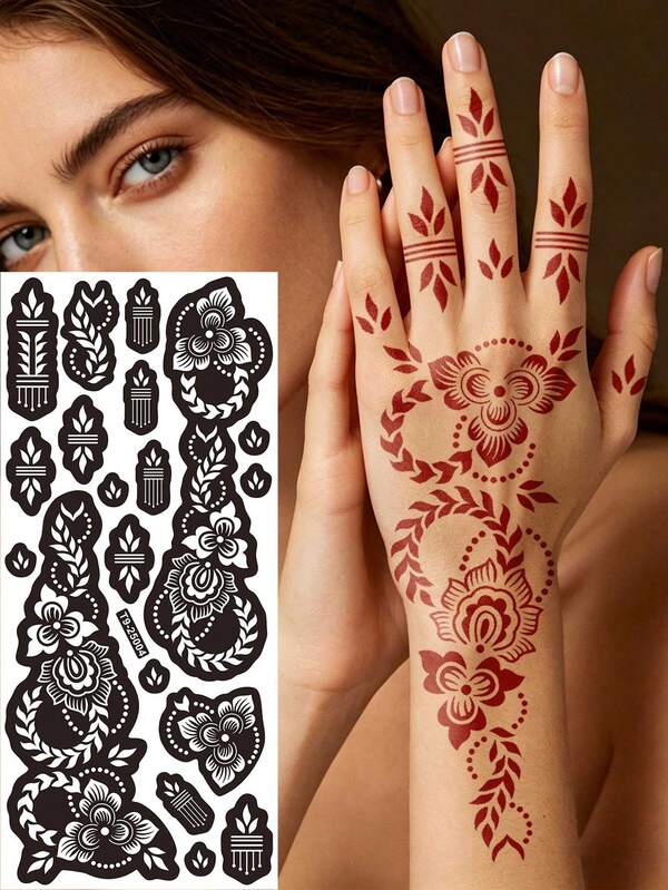 1pc Vintage Aristocratic Style Symmetrical Floral Hand Hollow Tattoo Template, Waterproof Durable Tattoo Template, Hand Back Finger DIY Body Painting Template, Unisex Personalized Decoration