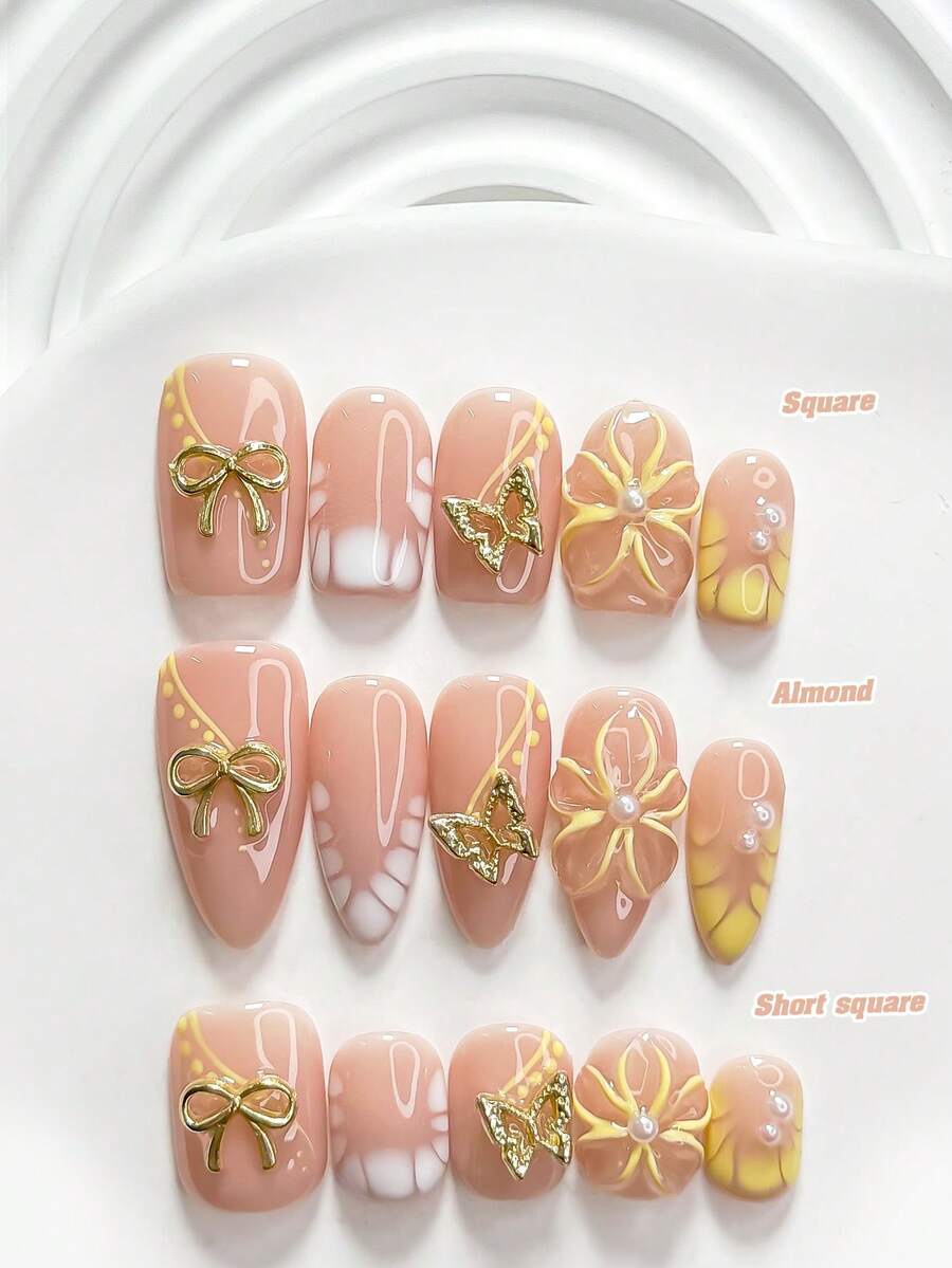 10件組奢華優雅手工穿戴甲,Polygel美甲套組,蝴蝶結與五瓣花設計,柔美優雅風格,含美甲工具,3種尺寸可選,方型、短方型、杏仁形,適合派對、舞會、日常配戴 - 彩色 - 查看 1