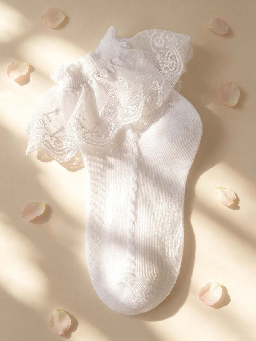1双春夏女童白色蕾丝边短袜,经典透气柔软纯色网眼短袜,可爱甜美舒适弹力公主袜,适合学校演出、婚礼、生日礼物,可搭配公主裙 - 白色 - 查看 1