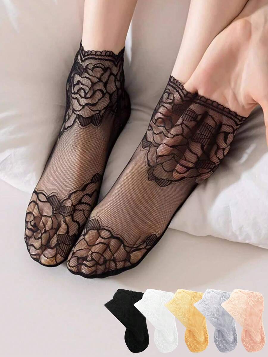 chuanwa（2） 1/5/10 Pasang Kaos Kaki Pendek Berenda Motif Mawar Transparan, Ringan dan Bernapas untuk Wanita, Cocok untuk Pemakaian Sehari-hari