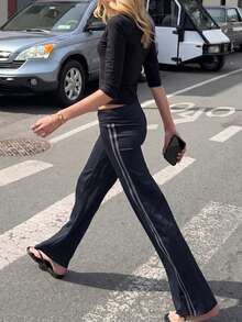 Women's Casual Slim Fit Flare Pants With Contrast Side Stripe, Suitable For Daily Commute And Sports - Black - View 5