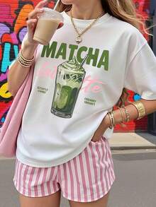 Es Trus 大尺碼女款夏季寬鬆復古「抹茶拿鐵」圖案印花街頭嘻哈 T 恤，韓系復古做舊時尚休閒風 - 白色 - 查看 1