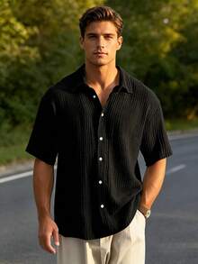 Men's Casual Short-Sleeve Shirt, Loose And Lightweight In Cotton, Basic Style For Summer - Black - View 1