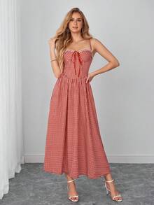 PARTHEA Casual Red Gingham Midi Dress With Pockets For Women, Lace Trim V Neck Front Tie Adjustable Strap Smocked Back Flowy A Line Sundress - Red - View 7