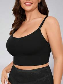 Zimi Collection Plus Size Black Seamless Camisole Sports Bra, Adjustable Spaghetti Strap, Wire-Free, Breathable Fitness Crop Top Fall - Black - View 3