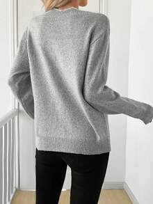 PlusSizeWomenBowJacquardFrayedVNeckSweaterOversizedLooseKnitPulloverFallWinterDailyCasual2026 - Light Grey - View 5