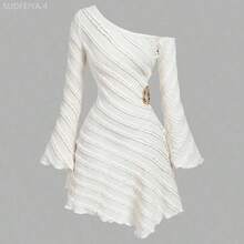 Fengyu Women's Clothing Store  Vestido de mujer con manga acampanada y hombro asimétrico en jacquard - Albaricoque - Ver 8