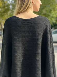 Women's Black Cable-Knit Oversized Long Sleeve Scoop Neck Sweater For Fall - 黑色 - 查看 2