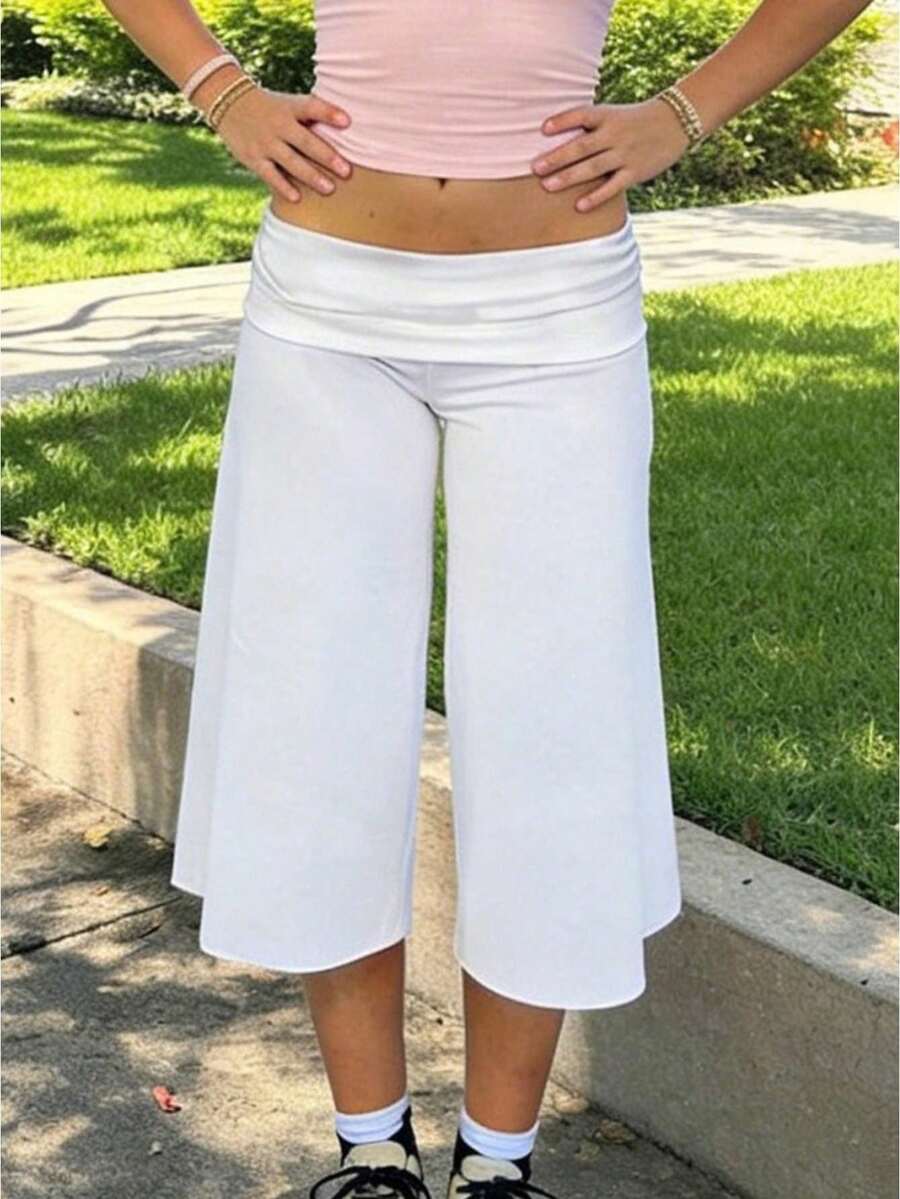Women 's Fold Over Lounge Capris Wide Leg Low Rise Cropped Gaucho Pants Solid Color Flowy Pajama Bottom - 白色 - 查看 1