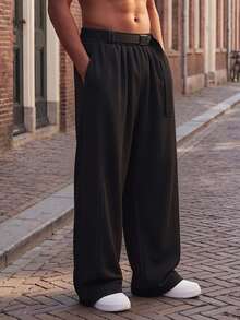Plus Size Men's Belt Design Casual Loose Straight Leg Versatile Pants - Black - View 2