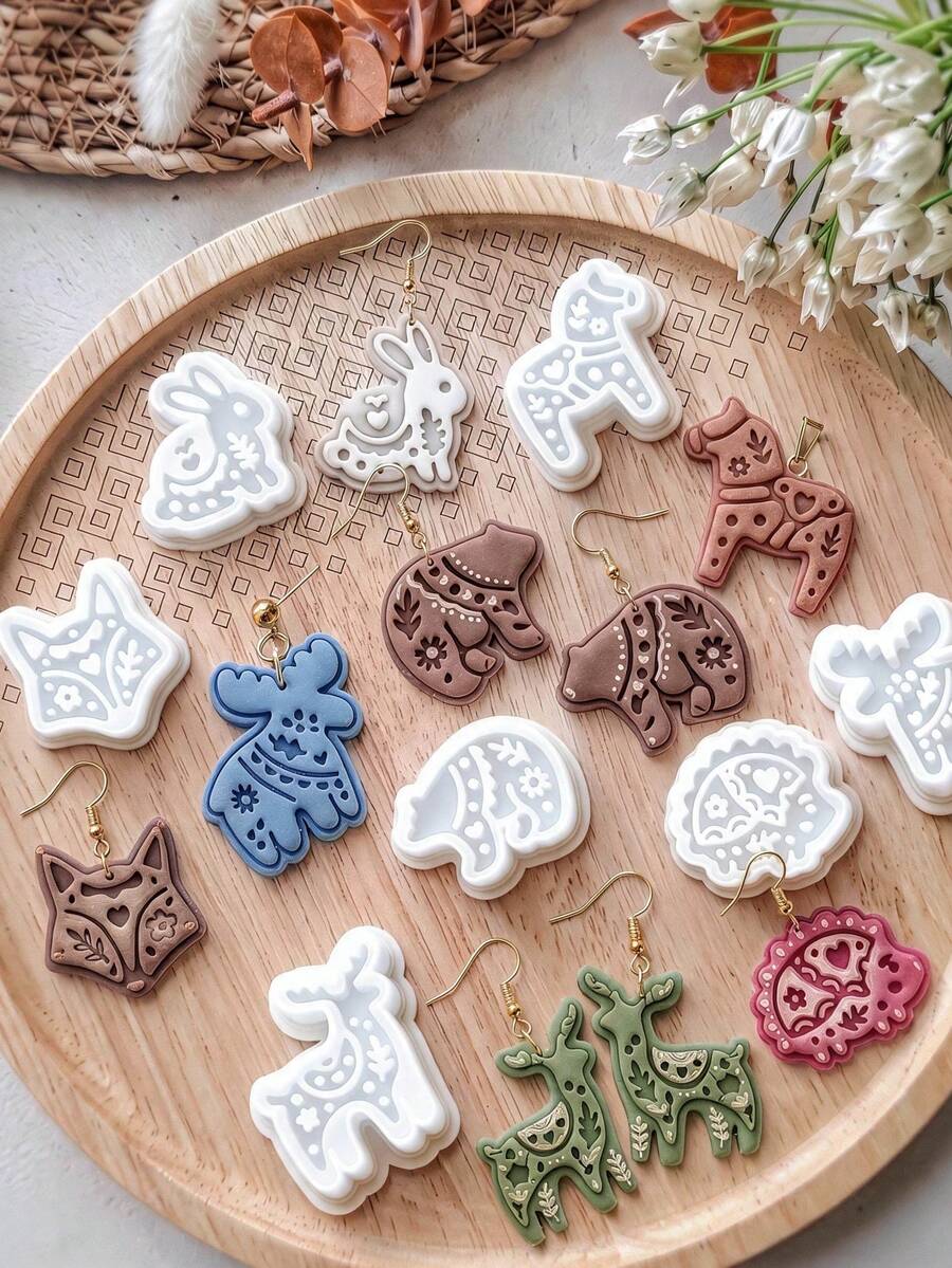 1/7pcs Folk Art Forest Animal Clay Earring Cutters, Polymer Clay Molds For Cottagecore Jewelry, DIY Tools For Woodland Style Handmade Gifts - White - View 1