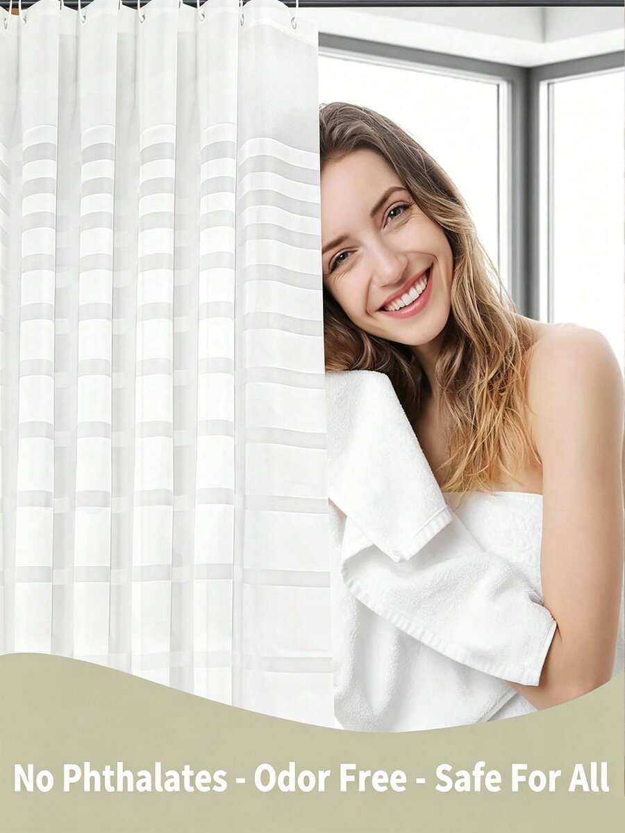 1pc White Wavy Striped Shower Curtain, Waterproof Translucent Bathroom Curtain, Mildew-Resistant, Quick-Drying, Home Decor - Multiple Styles - View 1