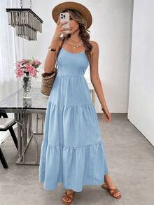 Vestido Tirantes Espalda Descubierta Lazos Grandes Cintura Ajustada - Azul - Ver 5