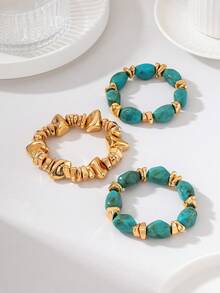 3pcs/Set Resin Bead Bracelet Set - Women's Stackable Gold Asymmetrical Stone Elastic Bracelet, Bohemian Style Stackable Jewelry Gift - Turquoise - View 4