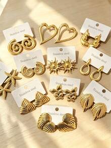 2/4 Pairs Gold Stainless Steel Fashion Geometric Oval/Leaf Shell Hollow Earrings For Women, High Quality Hypoallergenic Daily Wear Ear Jewelry, Gold Earrings - Gold - View 9