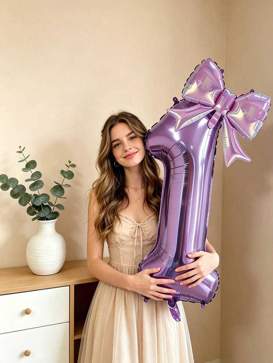 2pcs 32-Inch Purple 0-9 Number Foil Balloons, Colorful Purple Bow Shaped Foil Balloon Set, Suitable For Children's Birthday And Adult Decoration - View 1