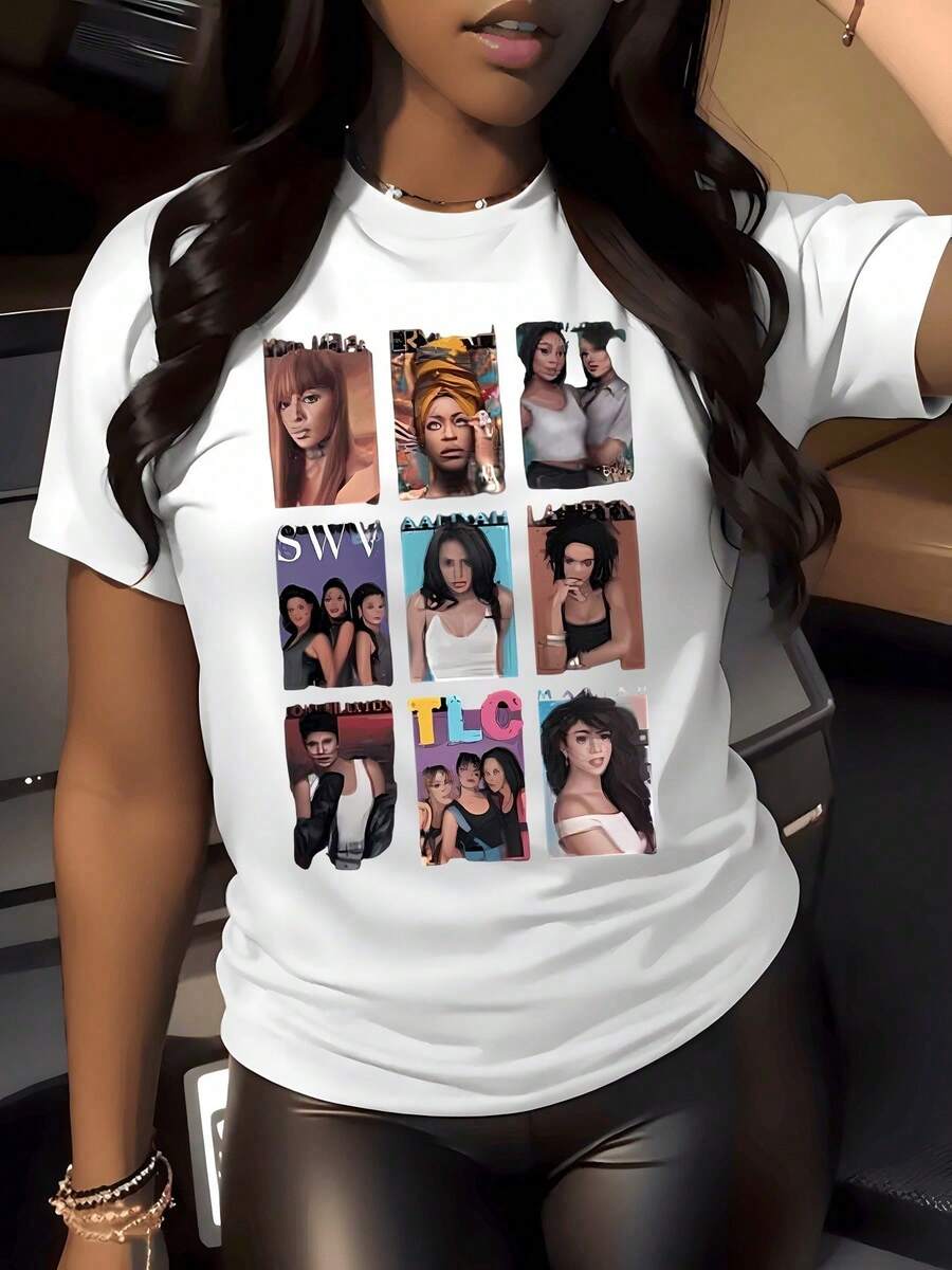 Women's 1 Piece, Graphic Photo Collage Print, 220g, Music Inspired, Casual Crew Neck T-Shirt For Women, 100% Cotton, Retro Streetwear Style, Blouses For Women. - 白色 - 查看 1