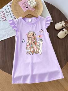 This Round Neck Short Sleeve Dress Features Fairy And Butterfly Print Design, Comfortable And Fashionable, Suitable For Summer Casual Wear - Mauve Purple - View 2