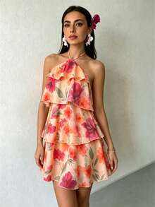 Vestido elegante de verano con estampado floral, cuello halter y volantes en el bajo para mujer - Naranja Coral - Ver 12