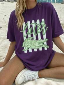 Casual Purple Short Sleeve Round Neck Tee With Crocodile Graphic, Perfect For Summer Style And Plus Size Comfort - 紫色 - 查看 1