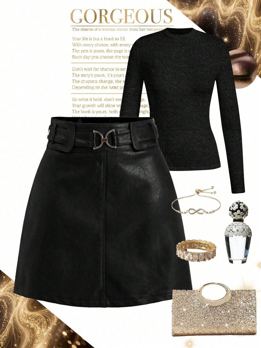 Falda de cintura alta con corte evasé y botones decorativos para mujer - Negro - Ver 1