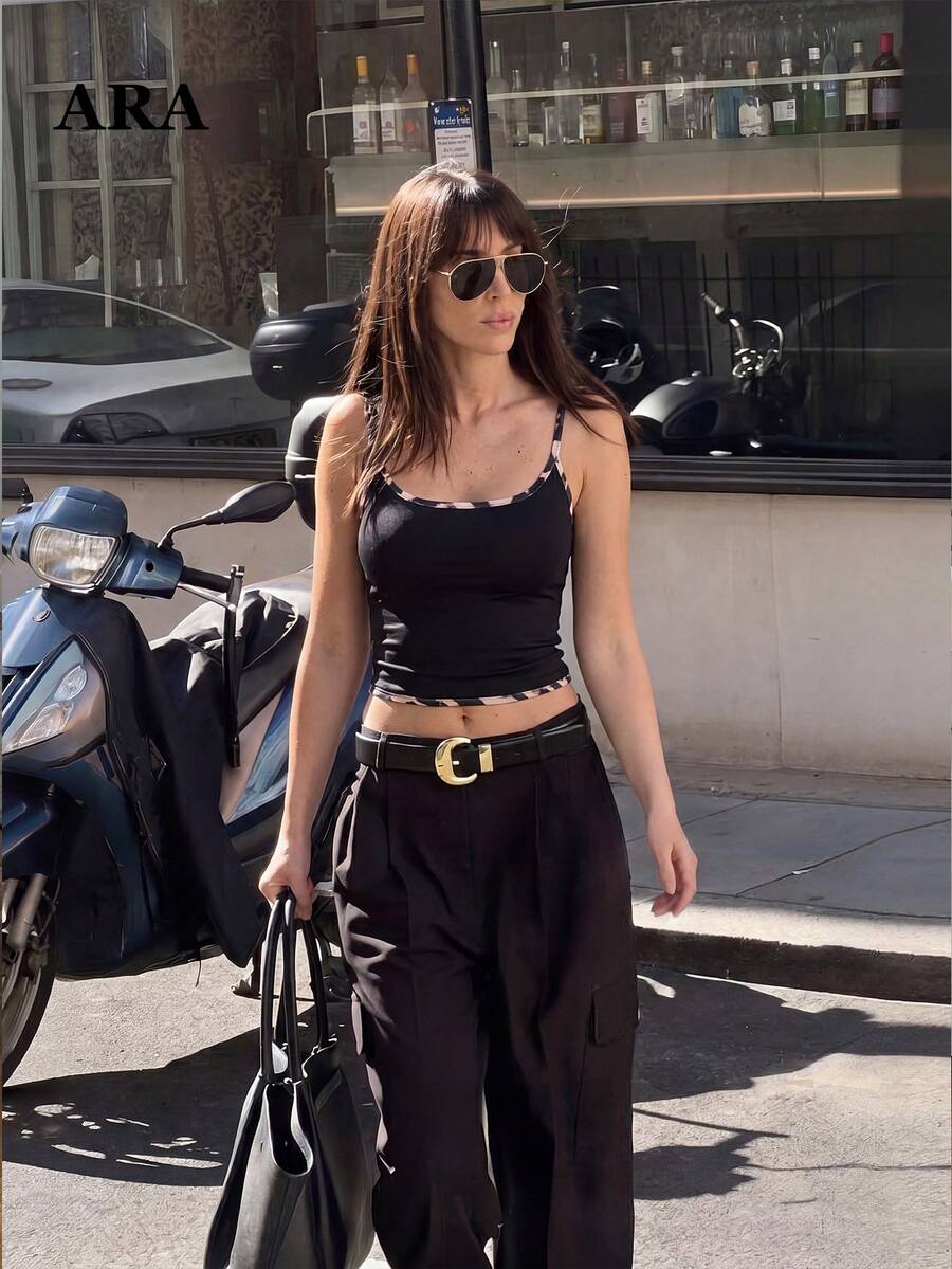 ARA CHIC Leopard Print Contrast Trim Cropped Tank Top, Slim Fit Black Sleeveless Camisole, Suitable For Spring/Autumn Street Style Daily Wear - Black - View 1