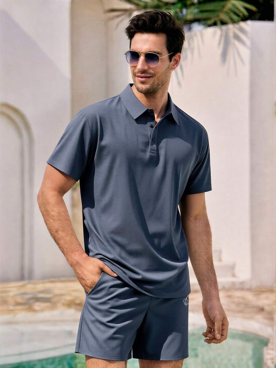 Mercer Haus Men's Solid Color Wide Placket Pineapple Print Short Sleeve Polo Shirt, Casual Business Formal Wear Holiday Summer Beach - Baby Blue - View 1