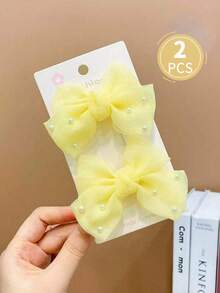 2pcs Girls' Multi-Color Faux Pearl Decor Bow Hair Clips - Yellow - View 7