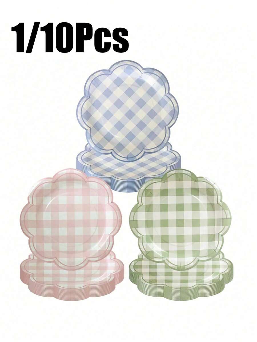 10/1入組格紋派對用品 7英吋一次性紙盤含餐具,適用於格紋晚餐、婚禮派對禮物、單身女派對用品、露營風生日晚餐盤、夏季新娘派對裝飾、露營主題派對(藍、綠、粉) - 多色 - 查看 1