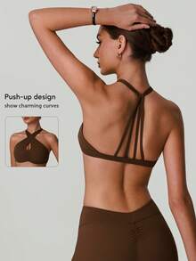 Women's Cross Strap Halter Neck Yoga Bra, Water Drop Hollow Backless Shock-Proof Push-Up Fitness Running Training Sports Bra - Brown - View 2