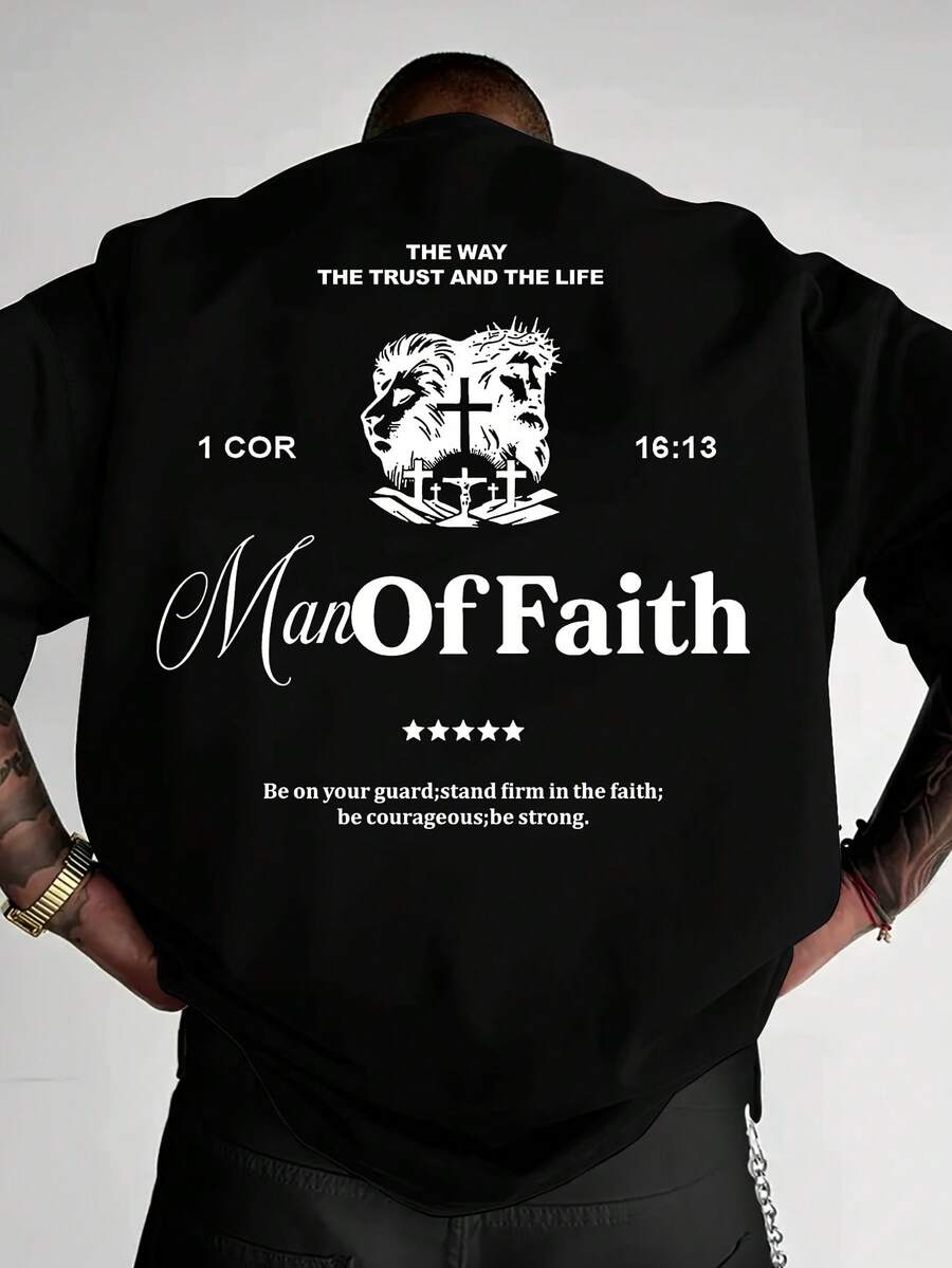 Camiseta con estampado del retrato de Jesús, de corte holgado, cómoda y transpirable, camiseta de estilo urbano para hombre, con hombros ligeramente caídos y cuello redondo. - Negro - Ver 1