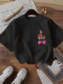 Vintage Women's T-Shirt, Double-Sided Print.  Mix-And-Match Style With Leopard High Heels And Duck Patterns, Classic Round Neck, Short Sleeves. - 黑色 - 查看 2