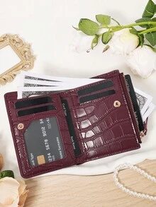 Burgundy Zip Wallet Compact 2-Fold Purse With Multiple Card Slots Coin Cash Compartment Unisex Daily Use Travel Gifting Card Holder,Clutch Bag Elegant - Burgundy - View 8