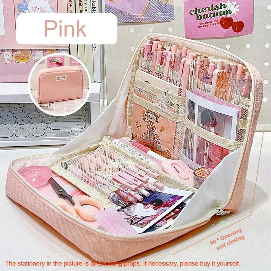 90° Multi-Layer Pencil Case, Student Stationery Organizer, Large Capacity, Sorted And Organized. - Pink - View 1