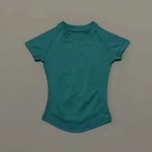 Camiseta Deportiva de Manga Corta para Mujer, Camiseta Deportiva para Correr, Camiseta de Verano de Manga Corta con Cuello Redondo, Transpirable, Chaleco de Gimnasio, Top de Yoga y Fitness - Café exprés - Ver 7