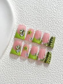 10片清新風手工穿戴甲，Polygel美甲套組，鑲鑽裝飾，綠色與銀色指甲油，復古風，含美甲工具，3種尺寸可選，杏仁形、鴨嘴形、棺材形，適合派對、跳舞、日常配戴 - 彩色 - 查看 14
