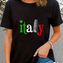 Italian Flag T-Shirt For Men And Women, 100% Cotton, Casual Shirt With Italian Design - Soft And Breathable, Round Neck, Short Sleeve, To Show Italian Pride, Cami - 黑 - 查看 2