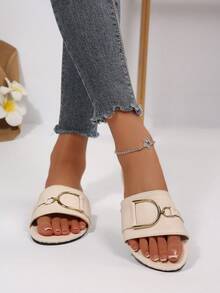 Beige Flat Slide Sandals For Women, Leather Upper With Embossed Texture And Metal Buckle Decor, Slip-On Vacation Style Summer Casual Beach Shoes, New Summer Casual One-Strap Flat Sandals - Beige - View 4