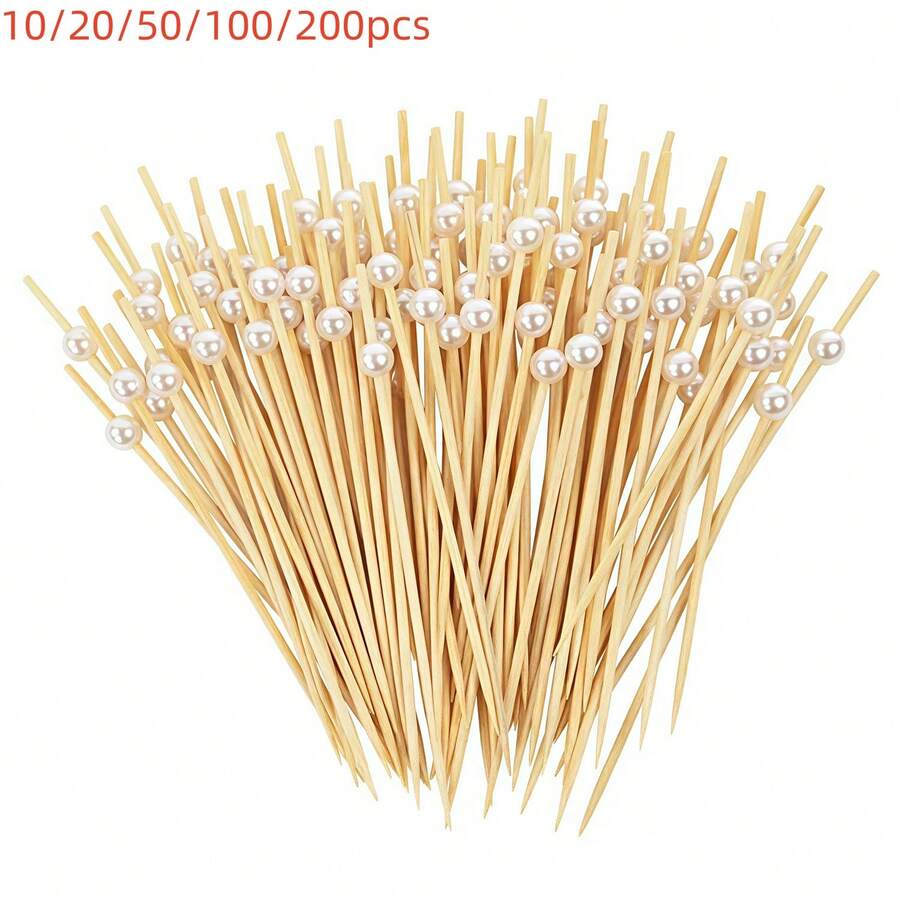 200/100/50/20/10支 白色珠飾食物叉、水果叉、竹製水果串、三明治牙籤、飲料裝飾棒，適用於水果、杯子蛋糕裝飾、漢堡、BBQ小吃，適合派對、生日派對裝飾、居家野餐派對、俱樂部、聖誕禮物