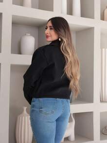 Vitoria Casaco feminina la batida jaqueta com ziper manga longo outono inverno - Preto - Visão 6