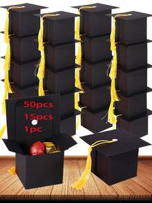 50/15pcs/1pc Graduation Cap Candy Box, 2025 Graduation Party Supplies, Graduation Gift Candy Box Suitable For Graduation Party - Light Blue Box + Black Tassels - View 2