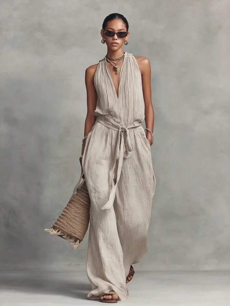 Sleeveless Cotton Blend Jumpsuit With Drawstring 2026 - Apricot - View 1
