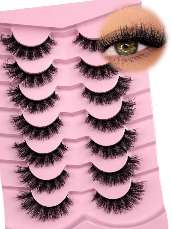 Hinarin 7 Pairs D Curl Russian Strip Lashes Short Fake Eyelash Mink Lashes Fluffy Wispy Lashes Natural Look 3D False Eyelashes