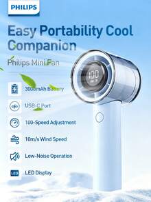PHILIPS USB Rechargeable Handheld Fan Small Portable Desktop Fan Adjustable 1 To 100 Wind Power Display Power Summer Camping Travel Outdoor Indoor Tools, 3000mAh Battery, 158g, Lightweight And Convenient - Multicolor - View 3
